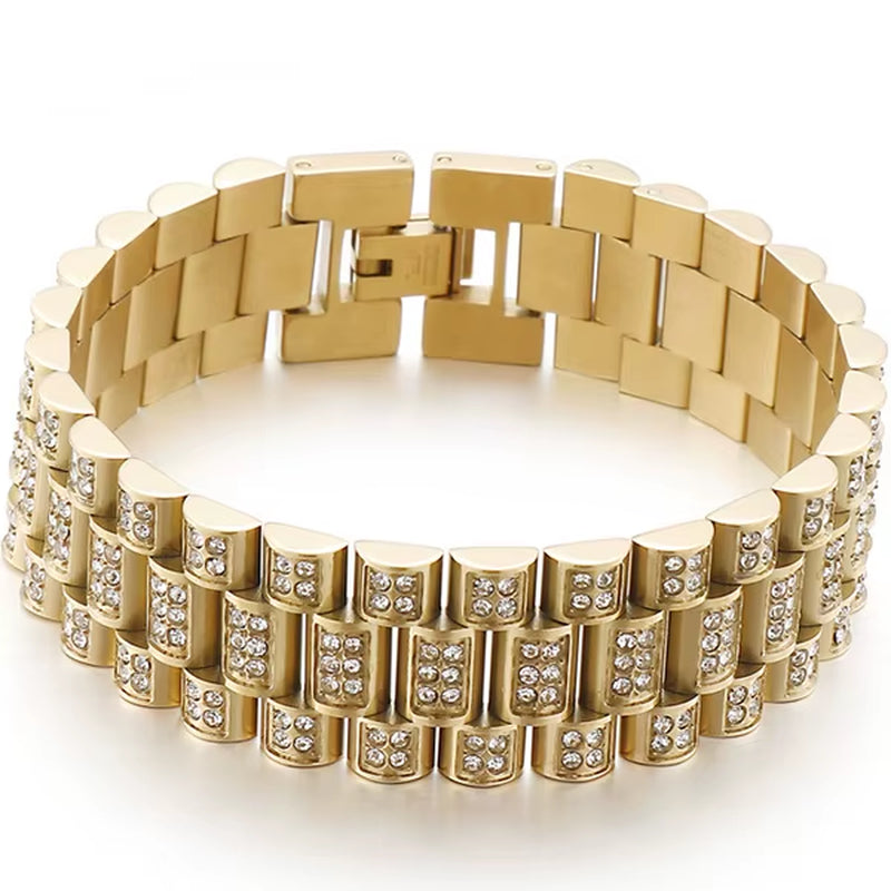 Hiphop 18MM Wide Watch Strap Chain on Hand Bracelet for Men Gold Color Stainles Steel Jewelry Charm Bracelets for Women Ladies