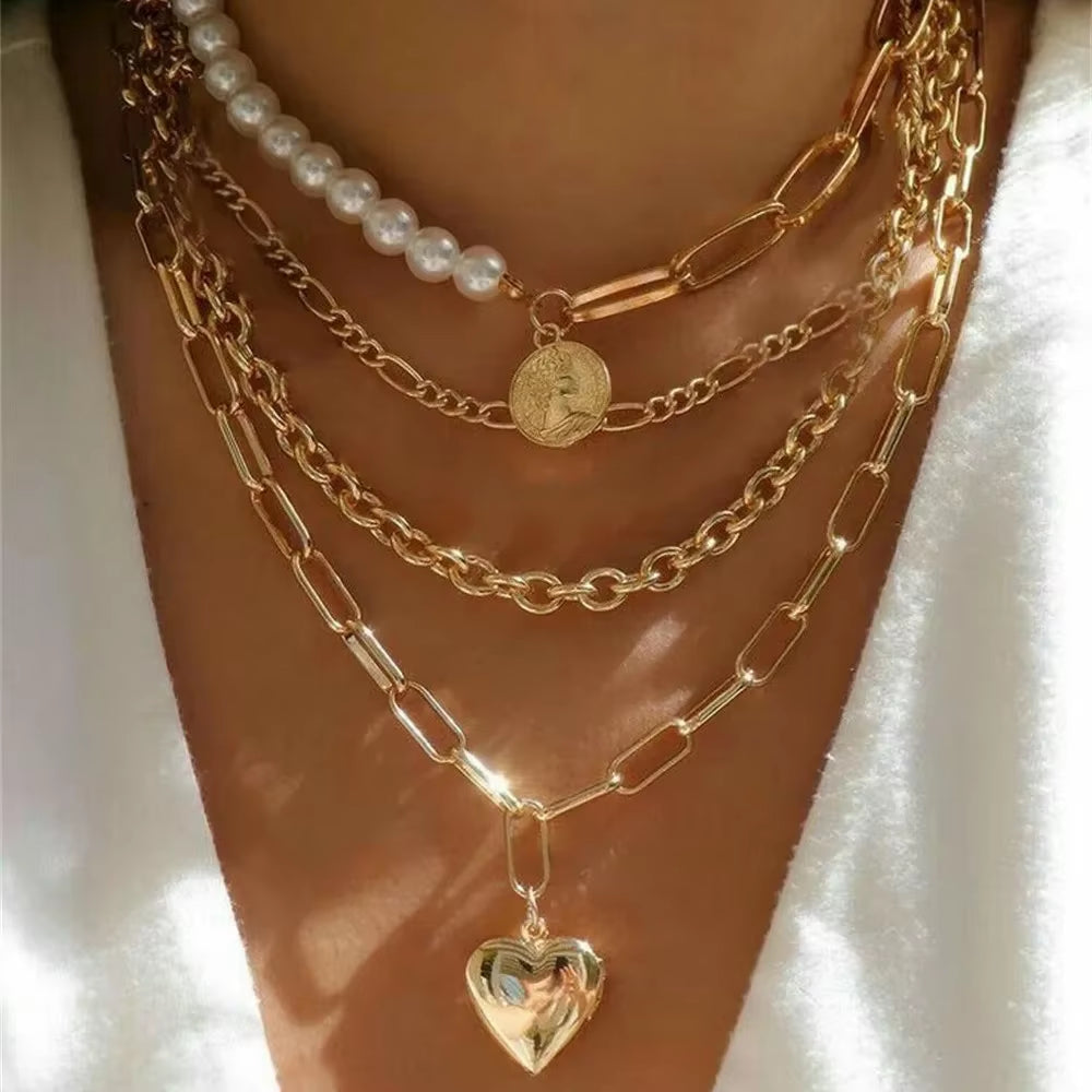 Vintage Punk Gold-plate Thick Chain Head Portrait Coin Pendant Necklace For Women